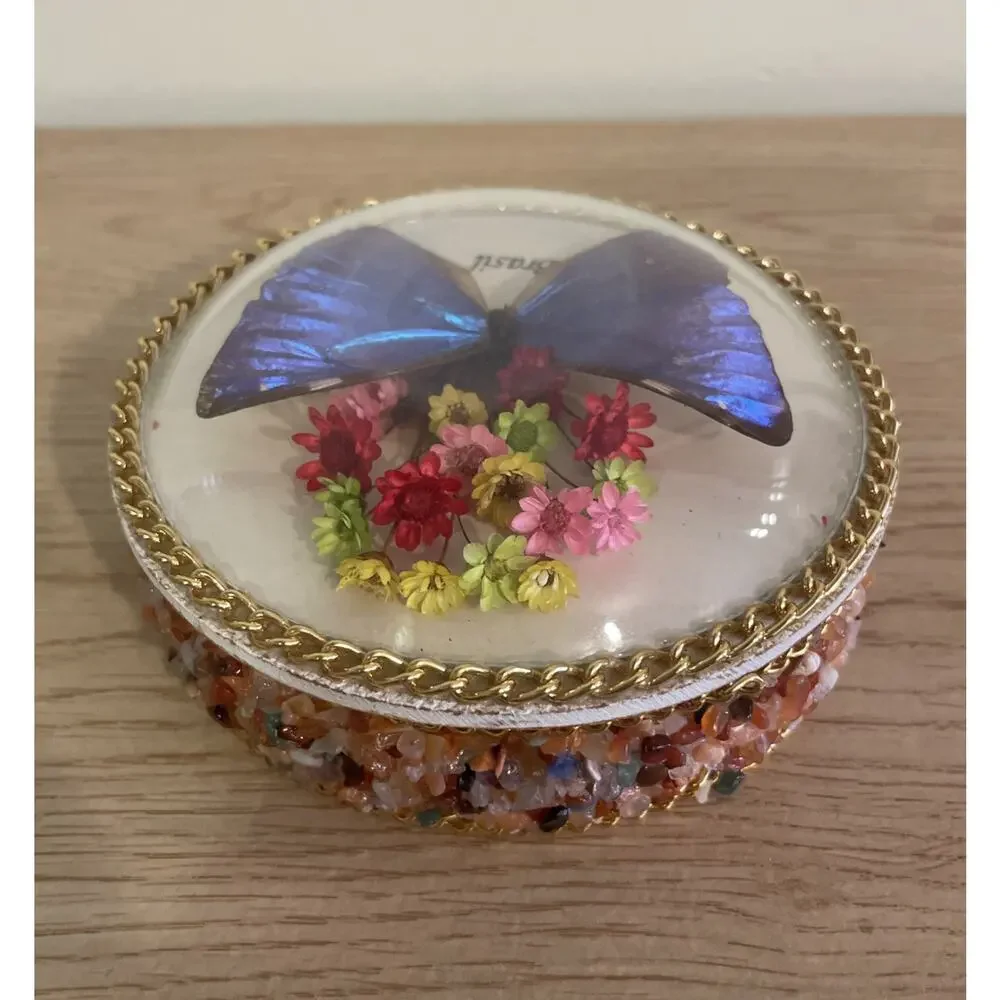 VTG 4.25” Real Morpho Butterfly & Flowers Brazil Souvenir Jewelry Trinket Box